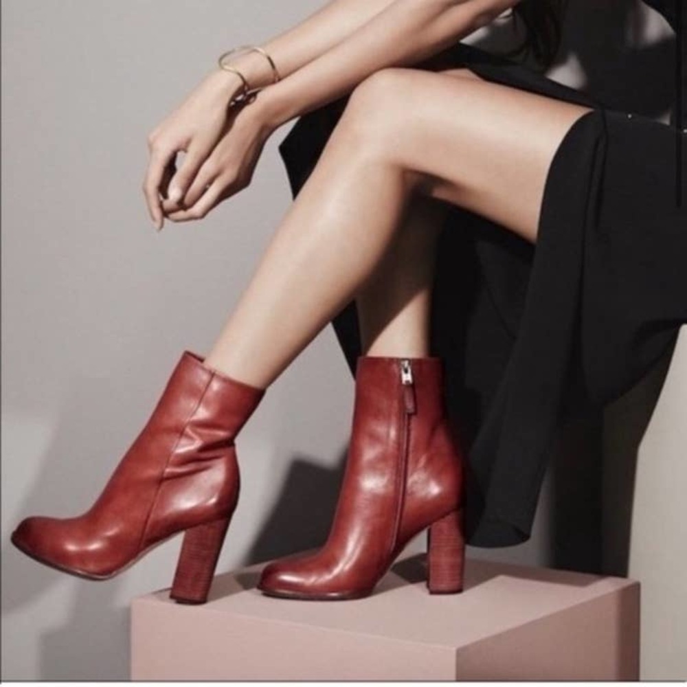 Sam Edelman Reyes Boots Brown Red Stacked 3.5" Heel Mid Calf Side Zip 8